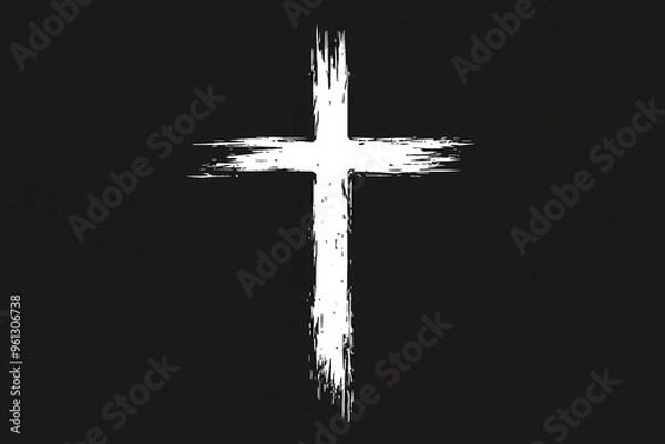 Fototapeta White cross on a black background with rough paint texture A white cross painted with rough strokes on a plain black background, symbolizing faith, spirituality, and simplicity