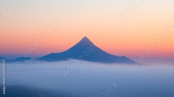 Fototapeta Majestic Summit in Morning Haze, showcasing a towering mountain peak gracefully emerging from a blanket of soft, ethereal mist in the early light.