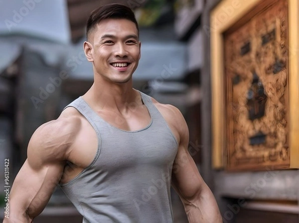 Fototapeta Muscle Asian Man with Grey Tank Top Portrait Smiling and Looking at Camera with Bokeh Traditional Buildings Background