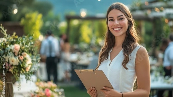 Fototapeta Smiling Event Planner Holding Clipboard at Outdoor Wedding Reception with Guests in Background