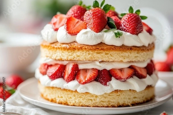 Fototapeta A classic strawberry shortcake with layers of fluffy sponge cake, fresh strawberries, and whipped cream