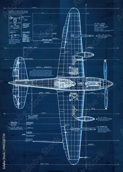 Fototapeta Blueprint design of a historic aircraft on a blue background. This detailed blueprint shows the engineering design of a historic aircraft