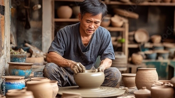 Fototapeta Skilled Artisan Crafting Pottery in Traditional Workshop Surrounded by Handmade Clay Pots and Tools