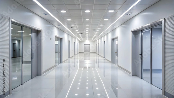 Fototapeta Modern Minimalist Office Corridor: A sterile, sleek, and contemporary office corridor with bright, white walls, a shiny tiled floor, and recessed lighting. The perspective creates a sense of depth and