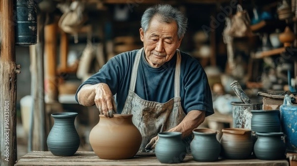 Fototapeta Elderly Artisan Crafting Pottery in Traditional Workshop Surrounded by Handmade Clay Vases and Tools