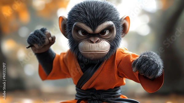 Obraz A fierce monkey character in an orange karate outfit, showcasing strength and determination in a vibrant natural setting.