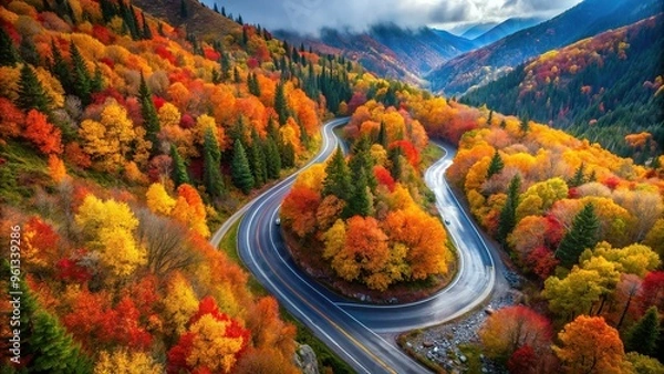 Fototapeta Dramatic overhead perspective showcases mountain road curving through valley, surrounded by riot of autumn colors, with crisp leaves and sparkling dew drops.