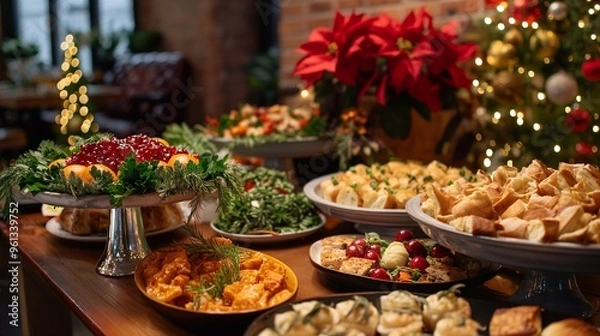 Fototapeta Festive buffet table with christmas and new year treats, poinsettias, and lights sets the stage for a memorable office celebration