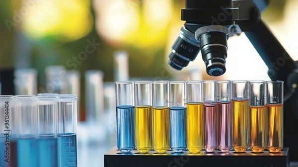 Fototapeta A microscope rests atop a table, surrounded by an assortment of test tubes. The tubes are filled with vivid liquids, some in a vibrant shade of yellow, others in a deep shade of blue. 