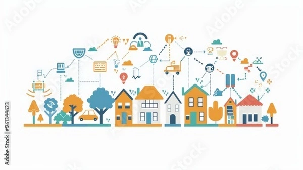 Fototapeta An infographic illustrating the benefits of community engagement, with icons representing social connections, local support, and improved well-being, and ample copy space for benefits descriptions