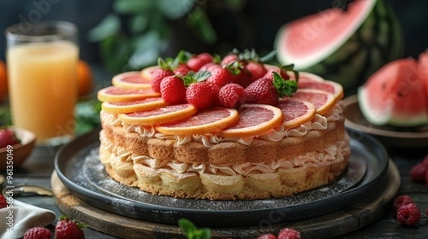 Fototapeta This layered fruit cake is adorned with fresh raspberries and citrus slices, showcasing vibrant colors against a rustic wooden backdrop filled with fresh fruits