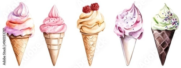 Fototapeta Delightful Ice Cream Cones in a Vibrant Array of Flavors and Toppings
