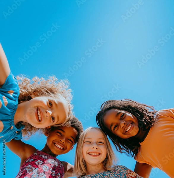 Fototapeta A photo of diverse, happy children looking down at the camera, smiling and posing for an advertising campaign in front of a blue sky. Group portrait of happy kids huddling. Friendship concept.