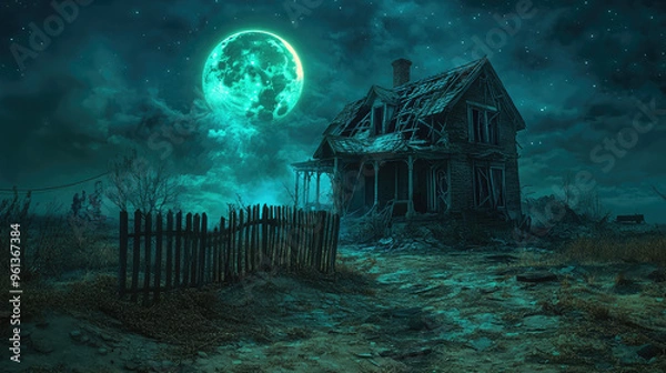 Fototapeta A spooky haunted house with a broken-down fence and an ominous, glowing moon in the background --ar 16:9 --v 6.1 Job ID: b81b52aa-18df-4401-b0d9-cabc02337f45