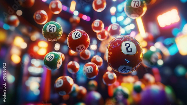 Fototapeta A cascade of bingo balls falling like a colourful waterfall, each ball a beacon of hope and gamble The scene is set against a futuristic, digital casino background, emphasizing