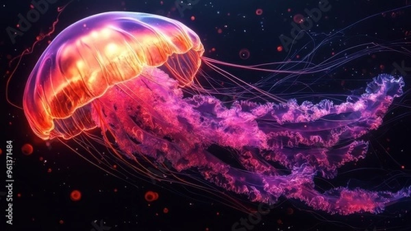 Fototapeta A jellyfish illustrated in digital art style, featuring sharp lines and vibrant hues to emphasize its unique, glowing appearance.