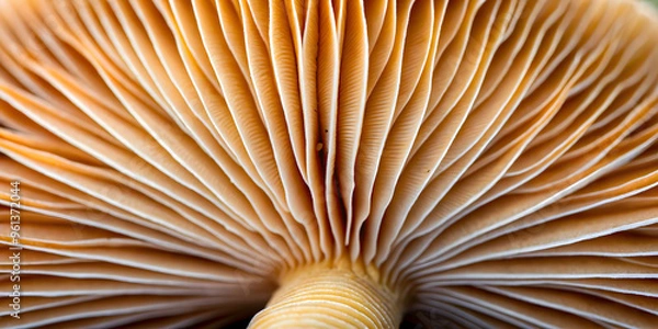 Fototapeta Mushroom Underside Macro: A captivating close-up of a mushroom's underside, revealing intricate gills in a warm, earthy tone, inviting viewers into the hidden world of nature's wonders. 