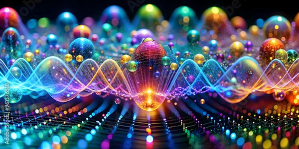 Obraz Chromatic Symphony: A mesmerizing dance of vibrant, iridescent spheres pulsating with energy, set against a dark backdrop, evoking a sense of wonder and the magic of the unseen. 