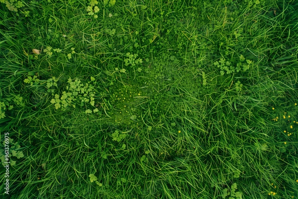 Fototapeta Aerial View of Empty Green Grass Field Background