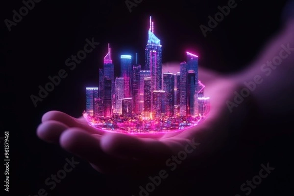 Fototapeta city skyline floats above a hand, illuminated in glowing neon colors