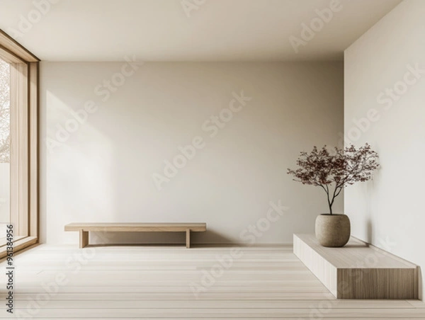 Fototapeta Stylish living room interior with minimalist furniture and decor. Mix of Japanese and Scandinavian minimalism composition