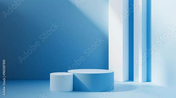 Obraz Minimalist Blue Podium with Vertical Striped Backdrop