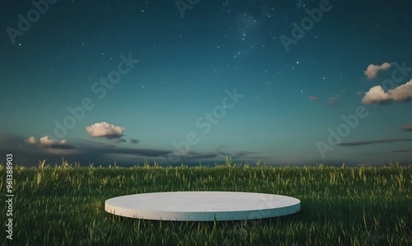 Fototapeta A minimalist night scene with a white circular platform set amidst lush, Generative AI