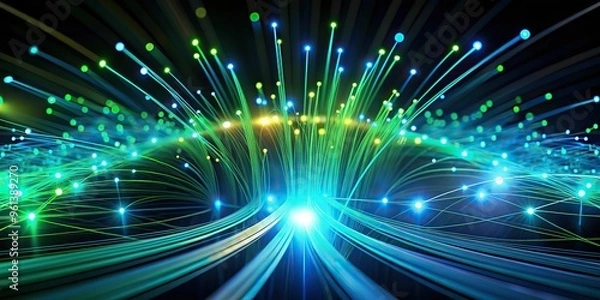 Fototapeta A futuristic illustration of a fiber optic network with radiant blue and green lights illuminating the pathways in a dark background, with sharp lines and precise details.