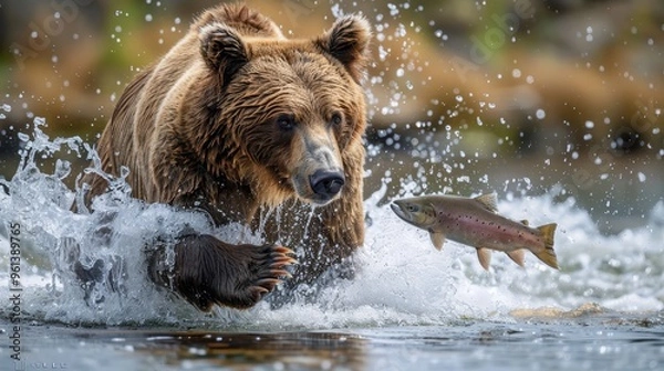 Obraz  A large brown bear wades through a river, passing another bearing a fish in its jaws