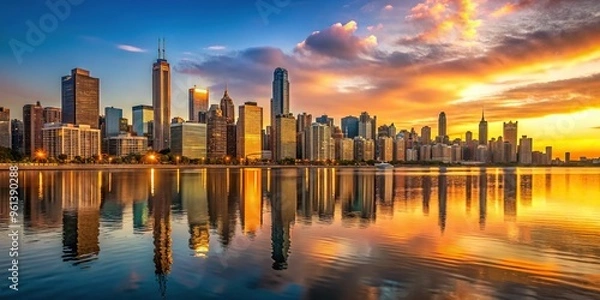 Fototapeta Panoramic photograph of the Chicago skyline at dusk, capturing the nuances of golden hour with warm tones and precise reflections on Lake Michigan.