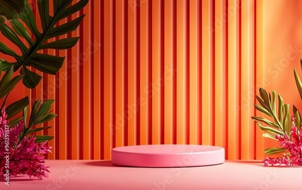 Fototapeta Vibrant studio scene with a pink platform and colorful striped backdrop, surrounded by lush tropical plants.
