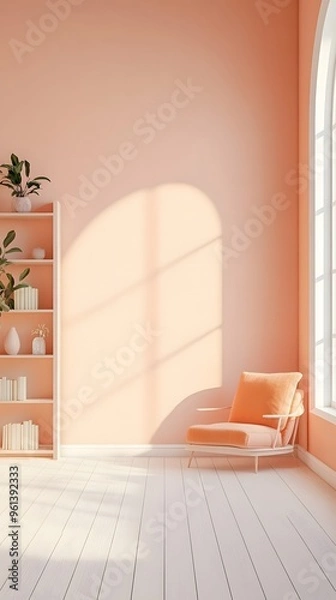 Fototapeta A pretty pink room with a comfy chair and books