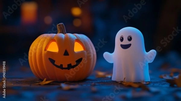 Fototapeta It's Halloween! A smiling jack-o'-lantern with a spooky face sits next to a silly white ghost. The scene is perfect for a scary party, and it looks like it was made from plastic.