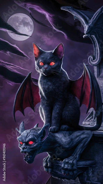 Fototapeta A striking 3D render of a bat-inspired cat sitting on a gothic-style stone gargoyle. The bat cat has glowing red eyes and sharp, angular features, while the gargoyle features intricate carvings and a 