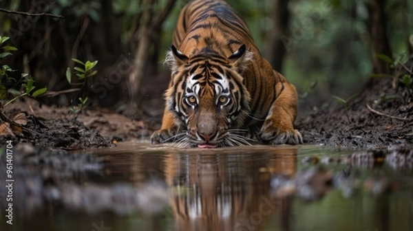 Fototapeta  A tight shot of a tiger submerged in water, surrounded by tree-lined background, and water in the foreground