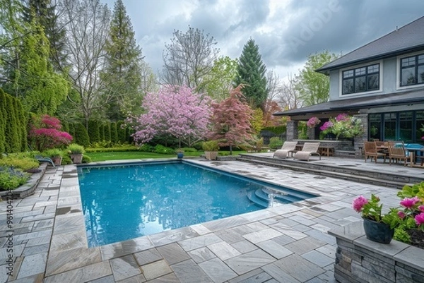 Fototapeta Wide-angle view of a large backyard with a pool, stone patio, garden bed, pink blossoms, and blue-green trees under a cloudy sky in springtime, Canada.