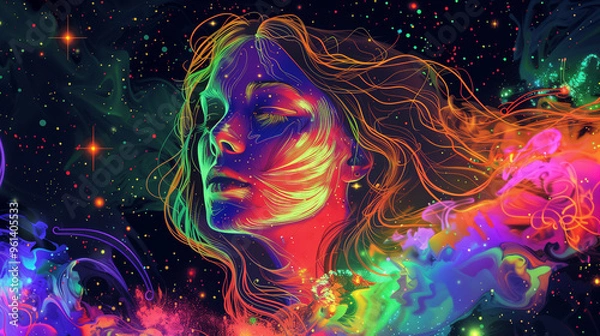 Fototapeta Vibrant cosmic portrait of a woman blending into the stars, symbolizing the fluid connection between mind, body, and the universe.