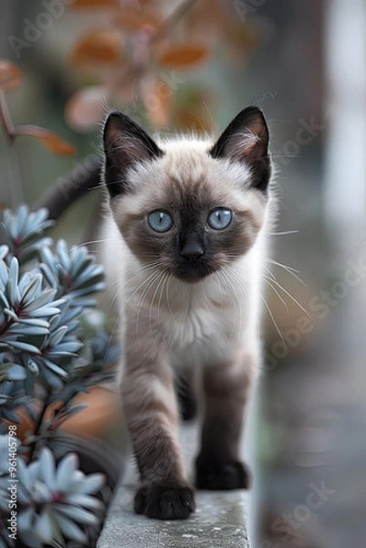 Fototapeta young Siamese cat with striking blue eyes and pointed markings is carefully navigating a cemented surface 