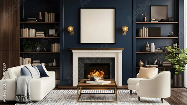 Fototapeta Cozy living room with a fireplace, bookshelves, and modern decor.