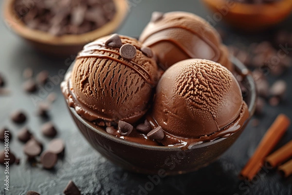 Fototapeta scoop of chocolate ice cream, overflowing with rich chocolate chunks and nestled in a classic bowl.