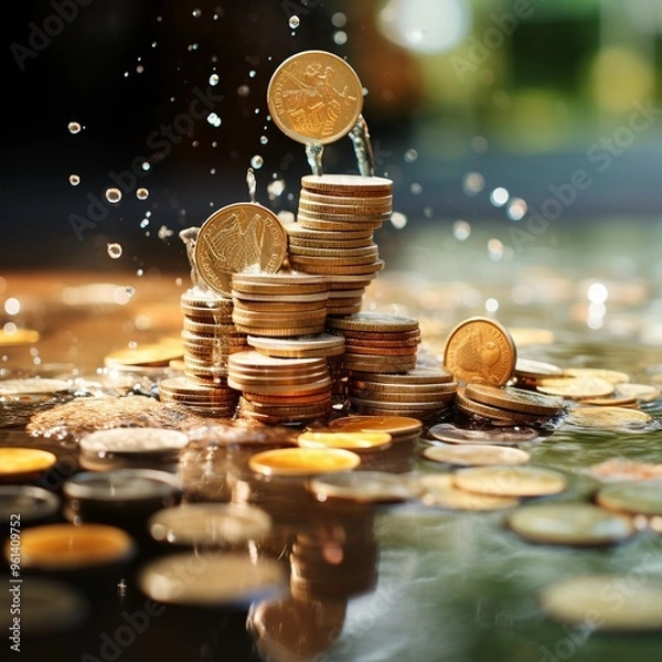 Fototapeta Cheerful coins splashing in a money pool concept of liquidity playful