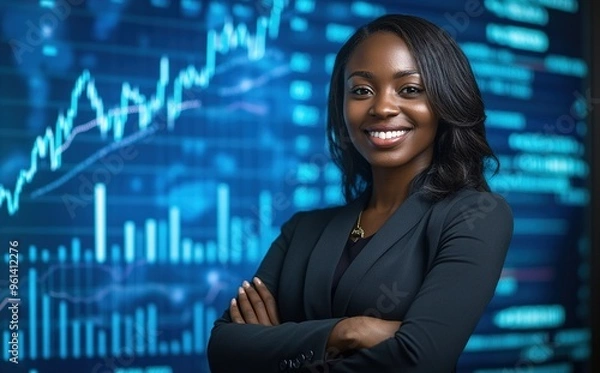 Fototapeta A beautiful, well-dressed Black businesswoman standing in front of a stock market chart with an arrow pointing upward.