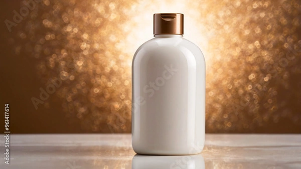 Fototapeta Elegant white bottle with a brown cap positioned in front of a glittering gold background, perfect for premium brands.