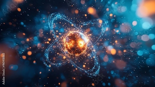 Fototapeta An abstract blue and orange sphere with glowing particles, radiating dynamic energy.