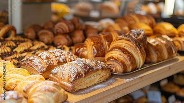 Fototapeta Freshly baked pastries displayed in a local bakery with a variety of croissants and sweets highlighted in the morning light