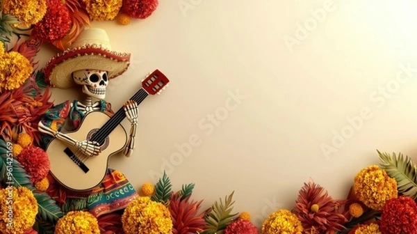 Fototapeta Day of the Dead Skeleton Playing Guitar with Copy Space.
