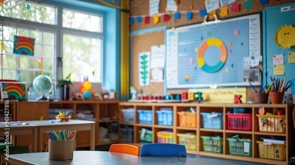 Fototapeta A detailed view of a parent-teacher meeting setup with visual aids, charts, and reports on display, featuring a clean background and lots of copy space for meeting content and visuals.