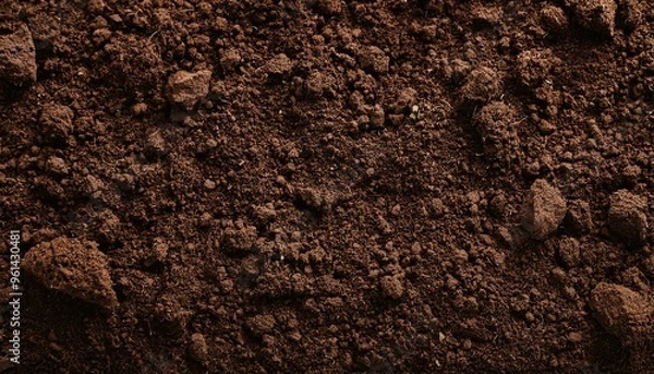 Fototapeta Fertile soil texture background seen from above, top view. Gardening or planting concept with copy space. Natural pattern