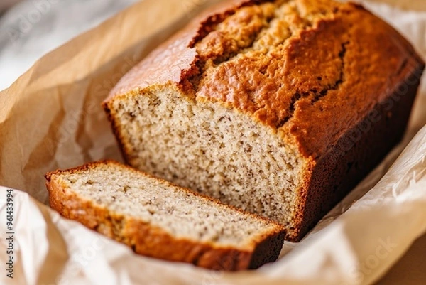 Fototapeta rustic banana bread loaf with a golden brown crust, partially sliced to showcase its soft, moist interior. It sits on parchment paper, giving it a homemade, simple charm