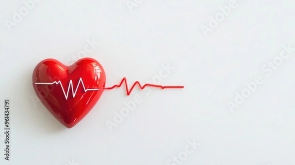 Fototapeta Red heart with heartbeat line symbol on white background - Love and health concept